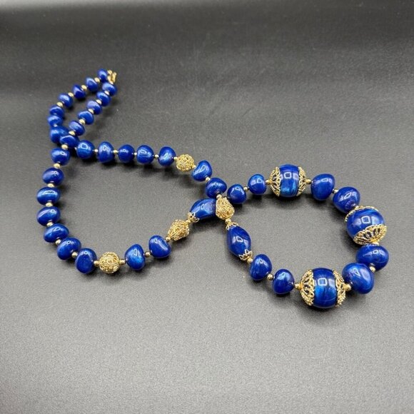 Trifari Signed Blue and Gold Beaded Filigree Elegant Necklace - Picture 8 of 9